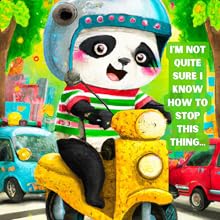 Panda riding a scooter with a playful caption
